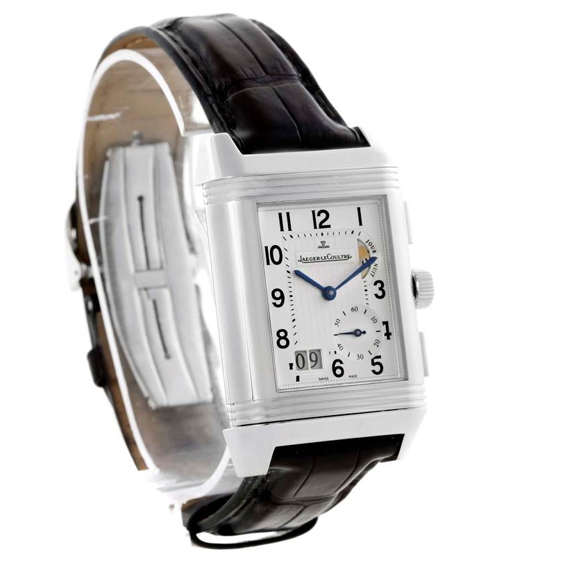 The image shows a Jaeger LeCoultre Reverso Q3028420 Men's Stainless Steel Silver Dial Q3028420 Men's Stainless Steel Silver Dial watch angled slightly from the front, revealing the face, crown, and leather strap.