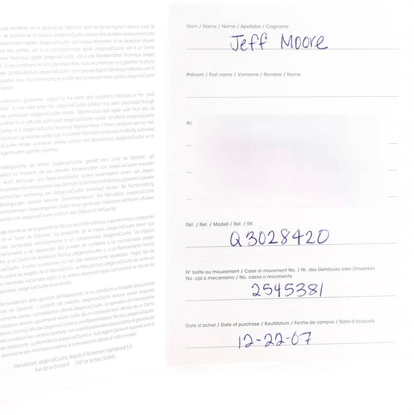 The image shows documentation for a Jaeger LeCoultre Reverso Q3028420 Men's Stainless Steel Silver Dial Q3028420 Men's Stainless Steel Silver Dial watch, including model number Q3028420 and purchase date 12-22-07.