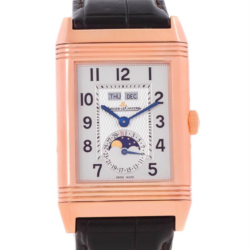 This image shows a front view of a Jaeger-LeCoultre Reverso watch, highlighting its dial, case, crown, and leather strap.