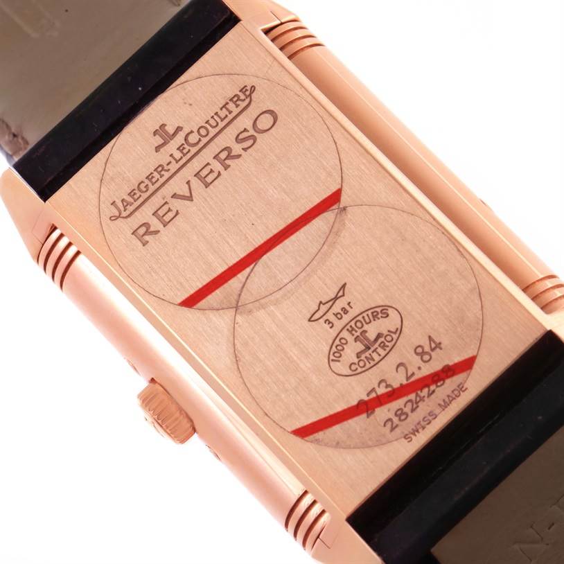 The image shows the back of a Jaeger-LeCoultre Reverso watch, highlighting its case details and branding.