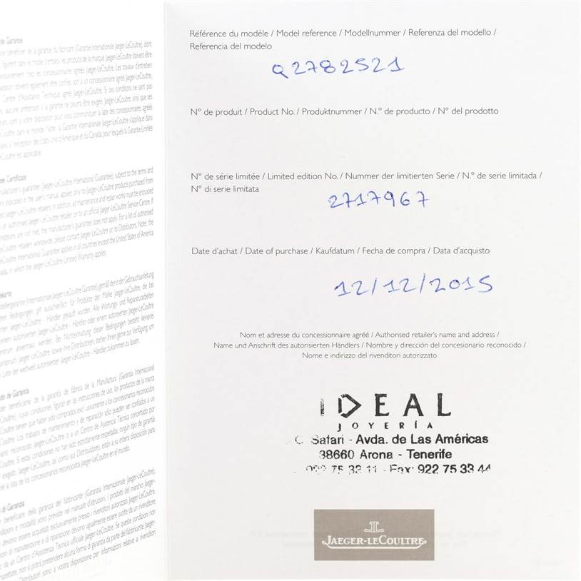 This image shows the warranty and purchase details card for a Jaeger-LeCoultre Reverso watch.