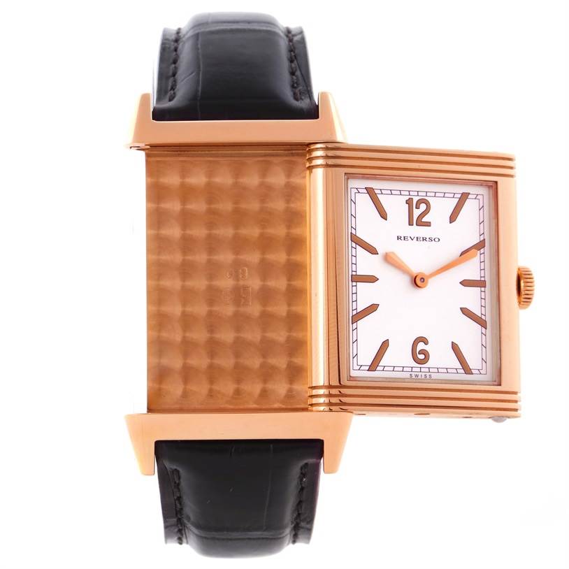The image shows a Jaeger LeCoultre Reverso Q2782521 Men's Rose Gold White Dial Q2782521 Men's Rose Gold White Dial watch with its case partially slid out, displaying both the front dial and the back.