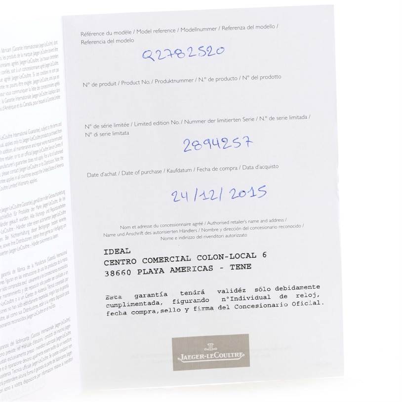 This image shows the authorization and warranty papers for a Jaeger LeCoultre Reverso Q2782520 Men's Rose Gold Silver Dial Q2782520 Men's Rose Gold Silver Dial model watch.