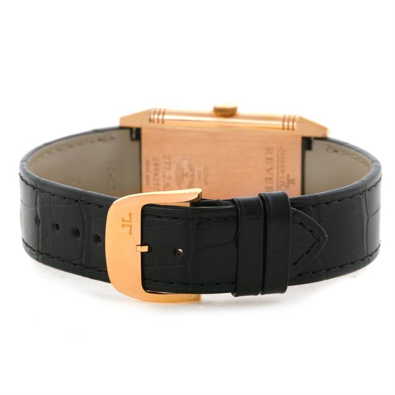 The image shows the back and clasp of a Jaeger LeCoultre Reverso Q2782520 Men's Rose Gold Silver Dial Q2782520 Men's Rose Gold Silver Dial watch from a rear angle.