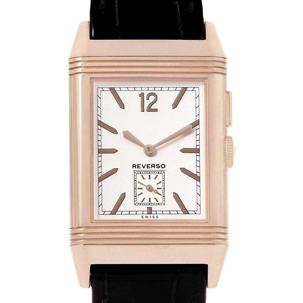 The image shows a front view of the Jaeger LeCoultre Reverso Q3782520 Men's Rose Gold Silver Dial Q3782520 Men's Rose Gold Silver Dial watch, displaying its rectangular dial and hands, with part of the strap visible.