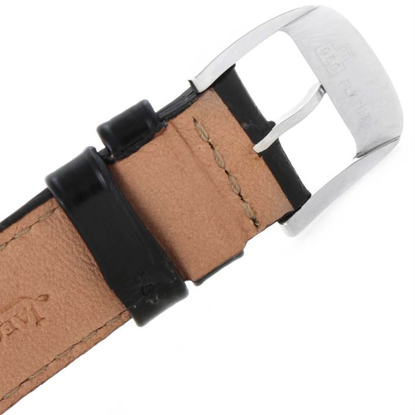 The image shows the buckle and part of the leather strap of a Jaeger LeCoultre Master 140.6.89 Men's Platinum Silver Dial 140.6.89 Men's Platinum Silver Dial model watch from a close-up angle.