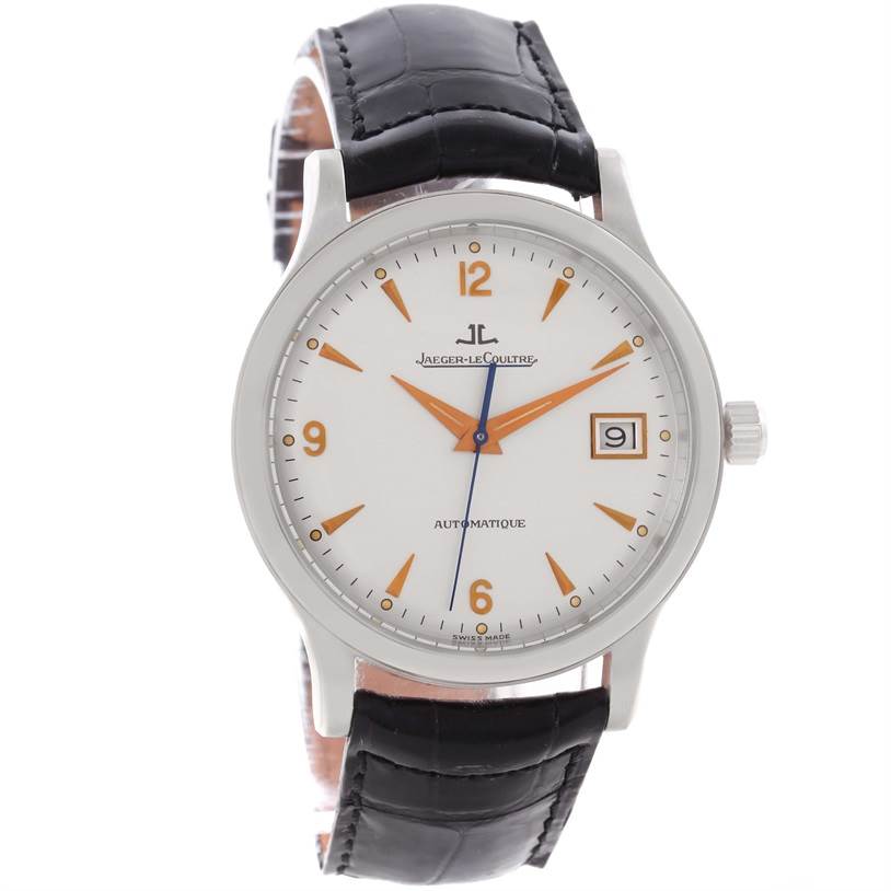 The Jaeger-LeCoultre Master model watch is shown from a front angle highlighting the dial, hour markers, date window, and leather strap.