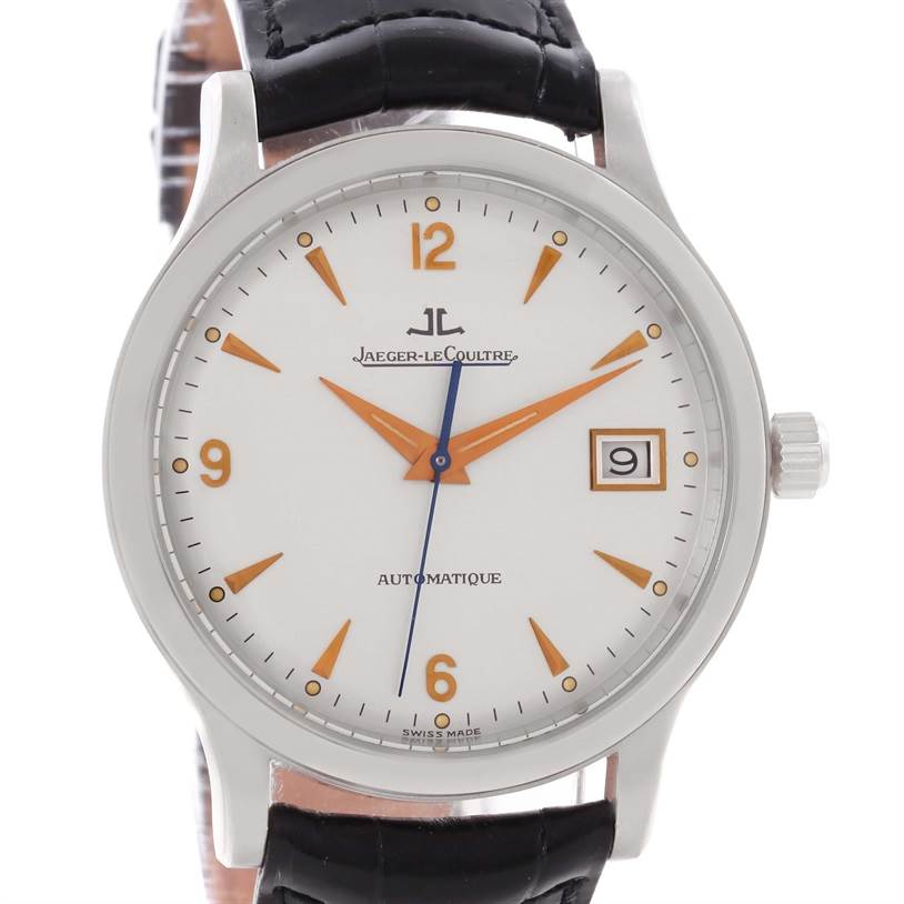 The image shows a front view of a Jaeger-LeCoultre Master model watch, displaying the dial, hands, date window, and part of the strap.