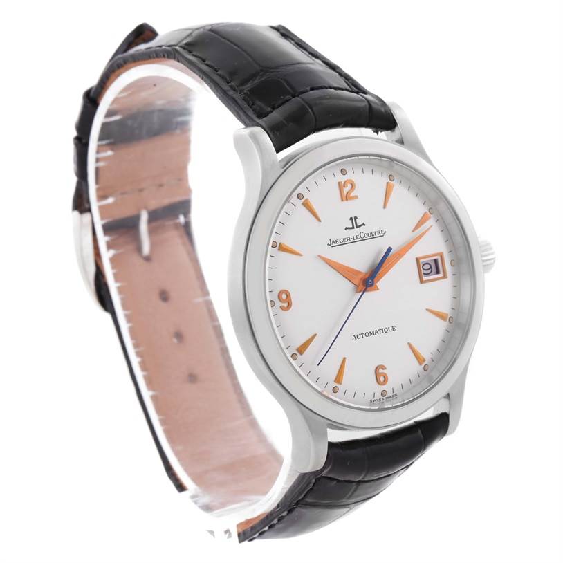 The Jaeger LeCoultre Master 140.6.89 Men's Platinum Silver Dial 140.6.89 Men's Platinum Silver Dial model watch is shown from a front-left angle, displaying the dial, crown, and leather strap.