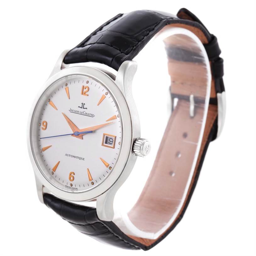 The Jaeger LeCoultre Master 140.6.89 Men's Platinum Silver Dial 140.6.89 Men's Platinum Silver Dial model watch is shown at a slight angle, displaying the face, crown, and leather strap.