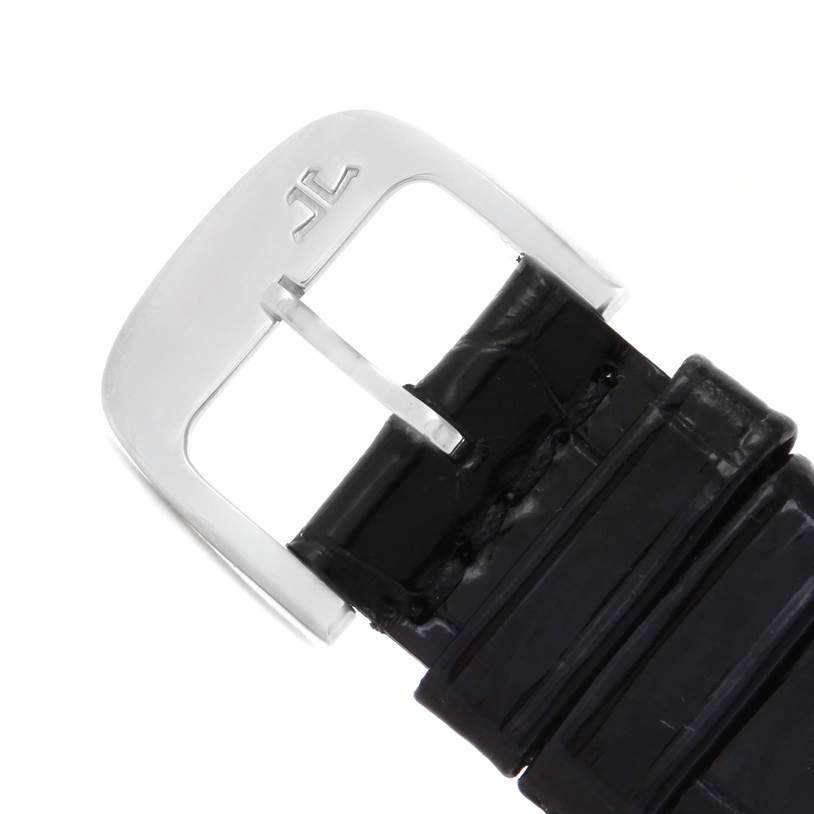 The image shows a close-up of the buckle and strap of a Jaeger LeCoultre Master 140.6.89 Men's Platinum Silver Dial 140.6.89 Men's Platinum Silver Dial model watch.