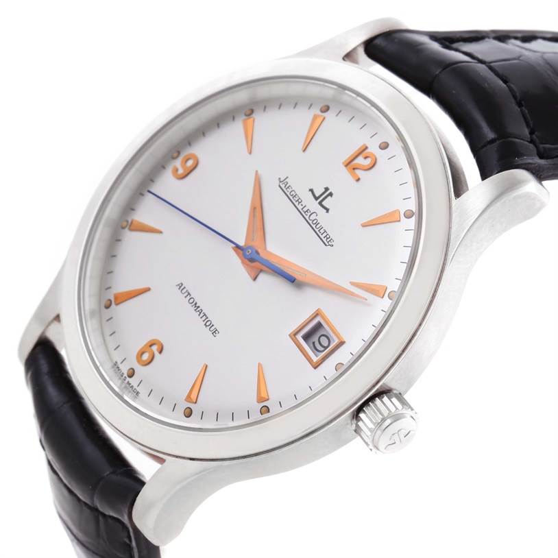 This is a close-up view of the dial, case, crown, and strap of a Jaeger-LeCoultre Master model watch.