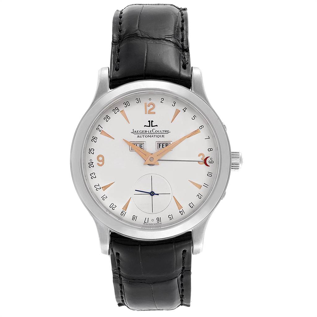 This is a front view of the Jaeger LeCoultre Master 140.6.87 Men's Platinum Silver Dial 140.6.87 Men's Platinum Silver Dial model watch showing its dial, hands, date markers, and leather strap.