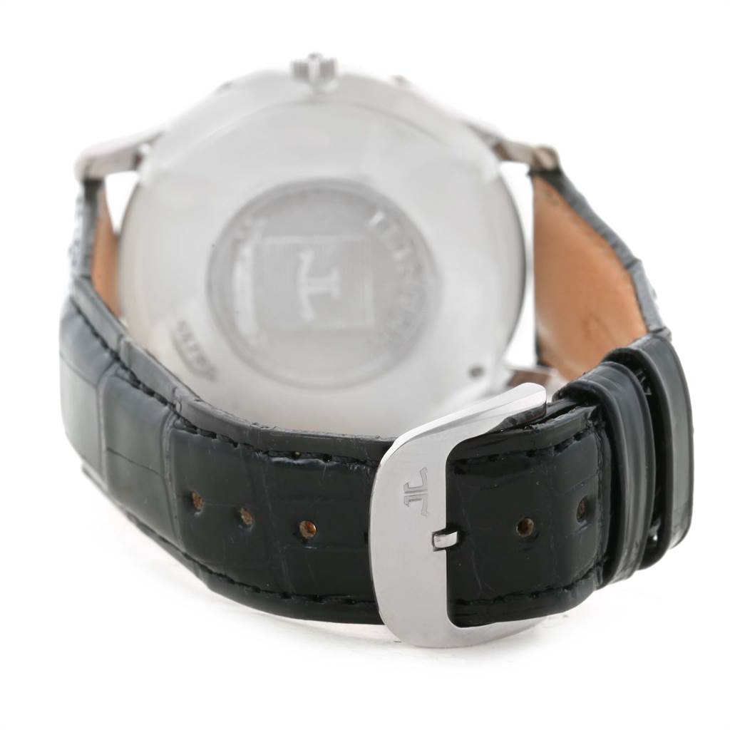 The photo shows the back view of the Jaeger LeCoultre Master 140.6.87 Men's Platinum Silver Dial 140.6.87 Men's Platinum Silver Dial watch, focusing on the leather strap and clasp.