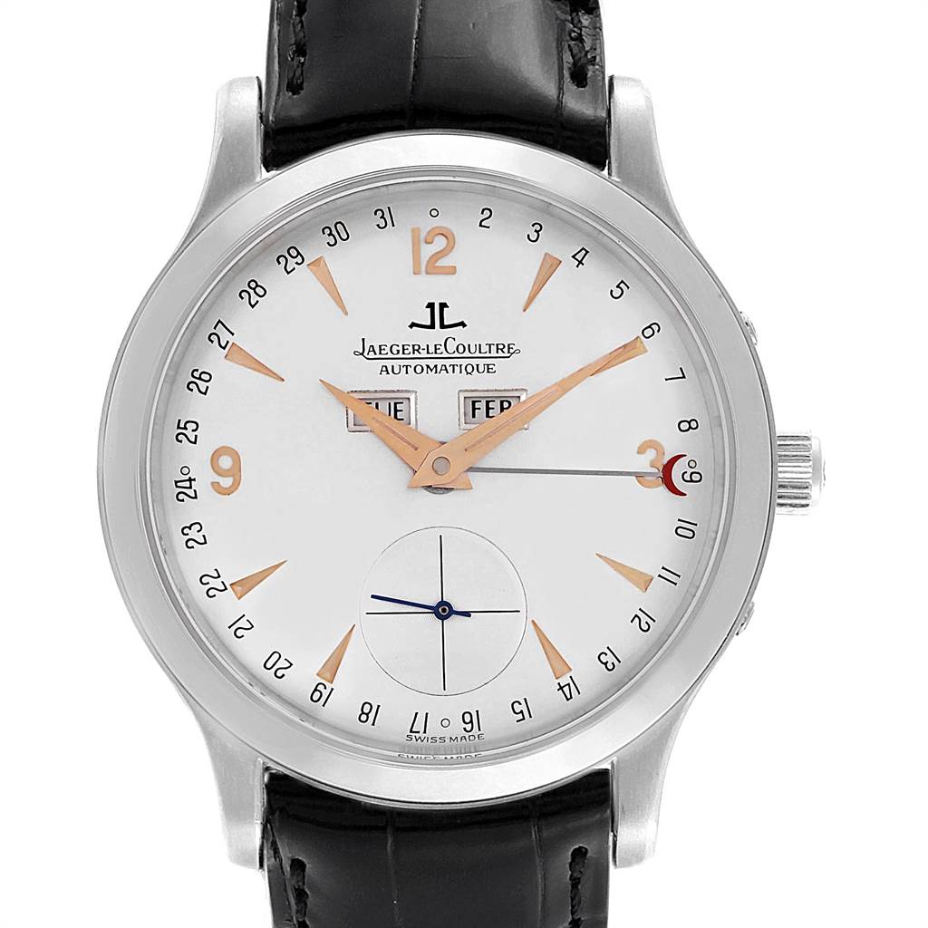 The image shows a front view of the Jaeger-LeCoultre Master model watch displaying its face, dial, and leather strap.