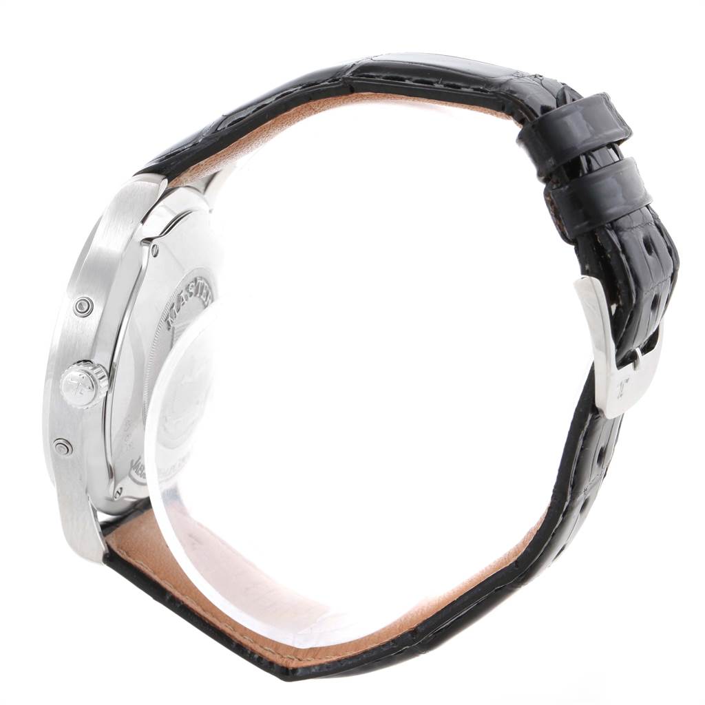 The image shows a side view of the Jaeger LeCoultre Master 140.6.87 Men's Platinum Silver Dial 140.6.87 Men's Platinum Silver Dial watch, highlighting the case, crown, and leather strap.