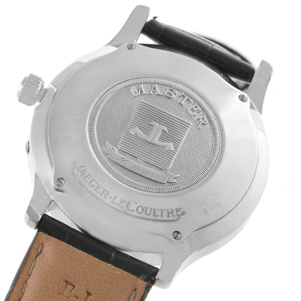 The image shows the back of a Jaeger LeCoultre Master 140.6.87 Men's Platinum Silver Dial 140.6.87 Men's Platinum Silver Dial model watch, displaying its embossed logo and brand name.