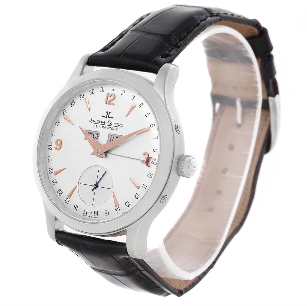 The image shows a Jaeger-LeCoultre Master model watch at a three-quarter angle, highlighting the dial, crown, and leather strap.