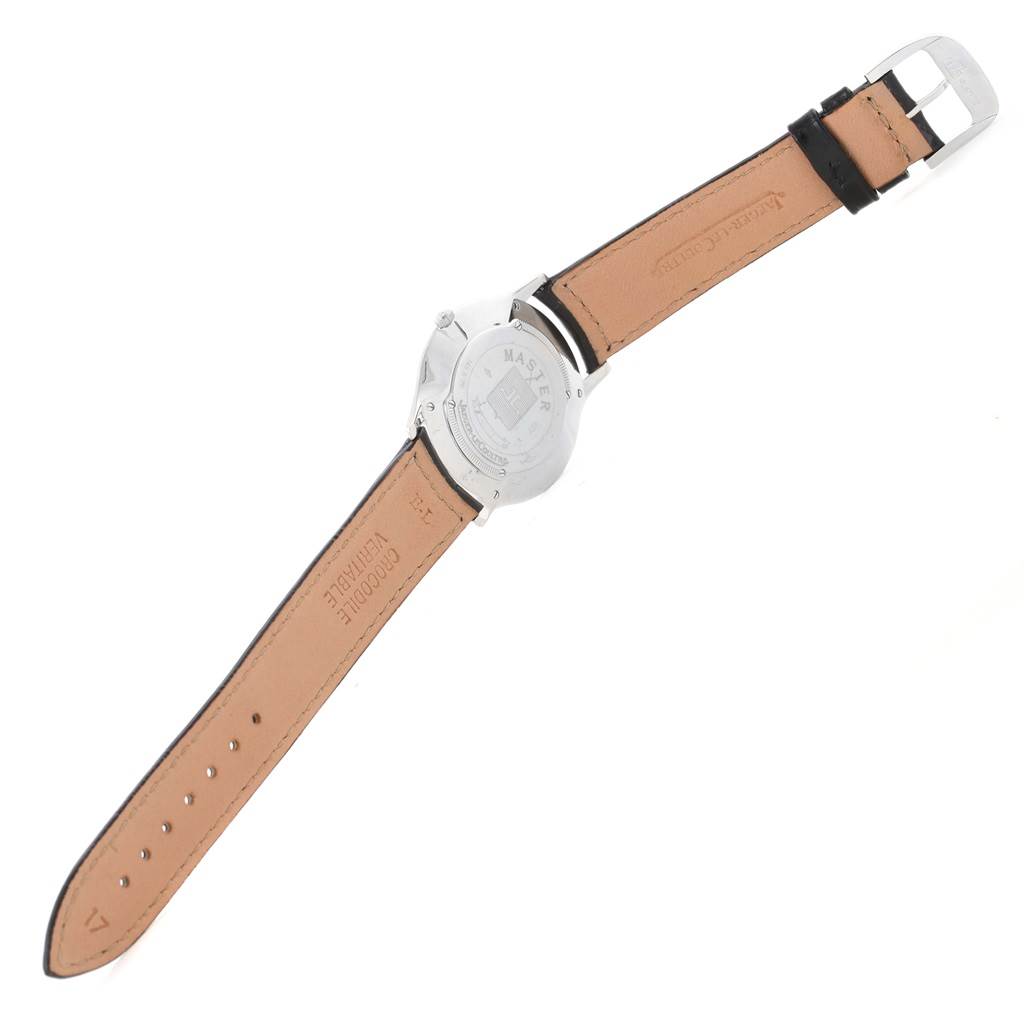 The image shows the back view of a Jaeger LeCoultre Master 145.6.79 Men's Platinum Silver Dial 145.6.79 Men's Platinum Silver Dial model watch, highlighting its leather strap and clasp.