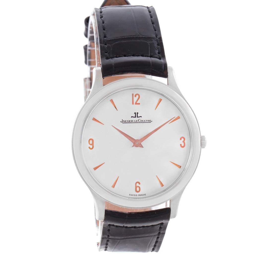 The image shows a front view of a Jaeger LeCoultre Master 145.6.79 Men's Platinum Silver Dial 145.6.79 Men's Platinum Silver Dial model watch with a black leather strap and white dial.