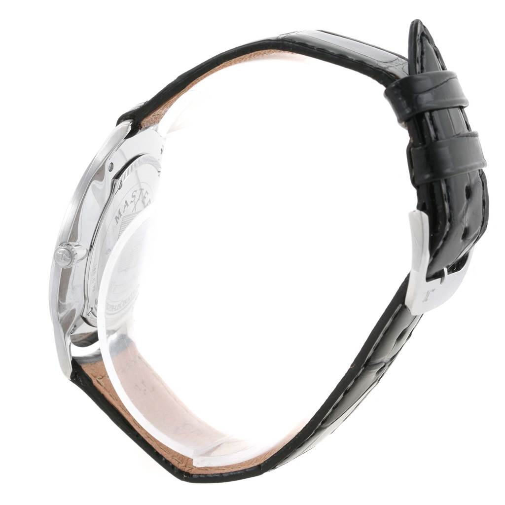 The image shows a side view of a Jaeger LeCoultre Master 145.6.79 Men's Platinum Silver Dial 145.6.79 Men's Platinum Silver Dial watch featuring its case back and black leather strap.