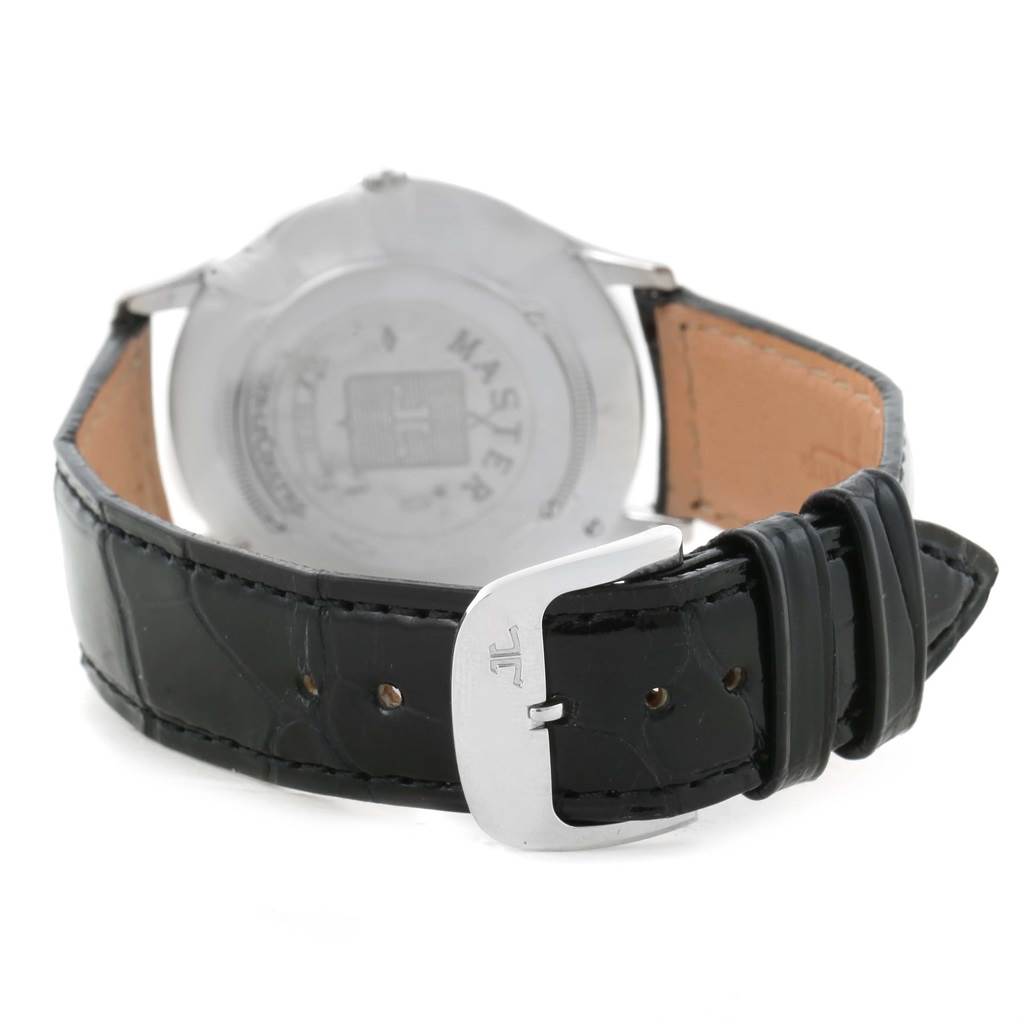 The image shows the Jaeger LeCoultre Master 145.6.79 Men's Platinum Silver Dial 145.6.79 Men's Platinum Silver Dial model watch from the rear, focusing on the back case, strap, and clasp.