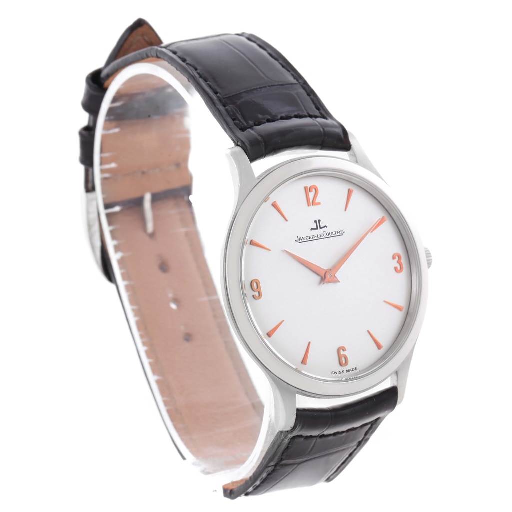 The Jaeger LeCoultre Master 145.6.79 Men's Platinum Silver Dial 145.6.79 Men's Platinum Silver Dial model watch is shown at a slight side angle, featuring the face, case, and black leather strap.