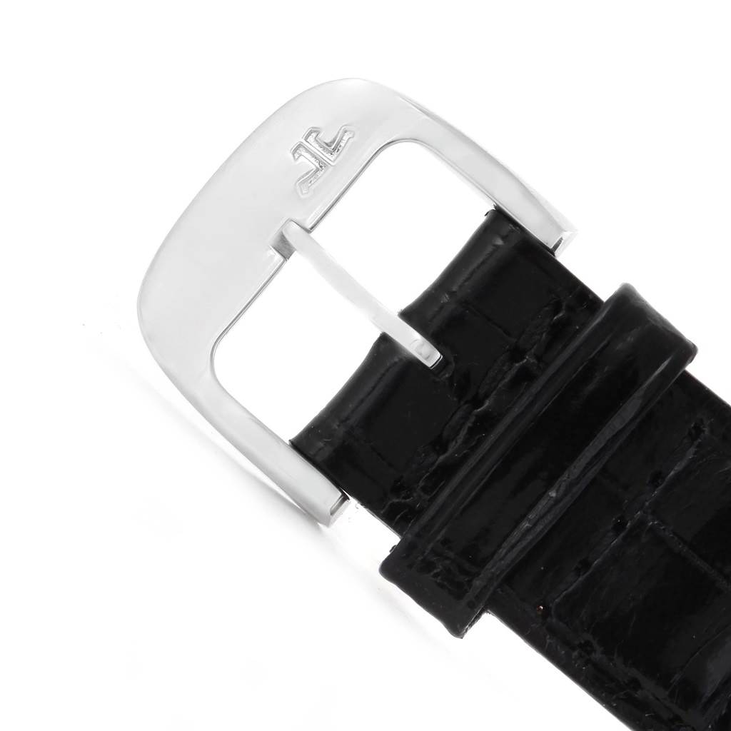 This image shows a close-up of the buckle and a portion of the leather strap of a Jaeger LeCoultre Master 145.6.79 Men's Platinum Silver Dial 145.6.79 Men's Platinum Silver Dial model watch.