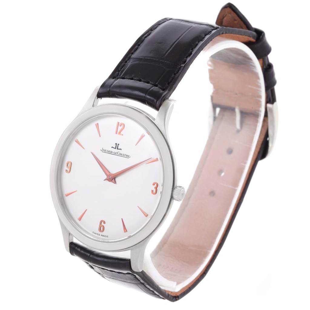 The image shows a Jaeger-LeCoultre Master model watch angled from the front and side, displaying its face, strap, and buckle.