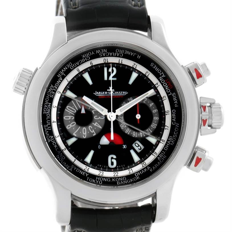 The image shows a front view of a Jaeger LeCoultre Master Q1768470 Men's Stainless Steel Black Dial Q1768470 Men's Stainless Steel Black Dial model watch with a black dial and multiple dials.