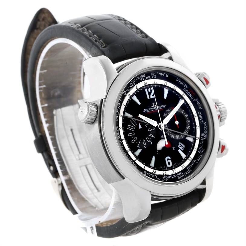 This image shows a Jaeger LeCoultre Master Q1768470 Men's Stainless Steel Black Dial Q1768470 Men's Stainless Steel Black Dial model watch from a three-quarter angle, highlighting its dial, case, and leather strap.