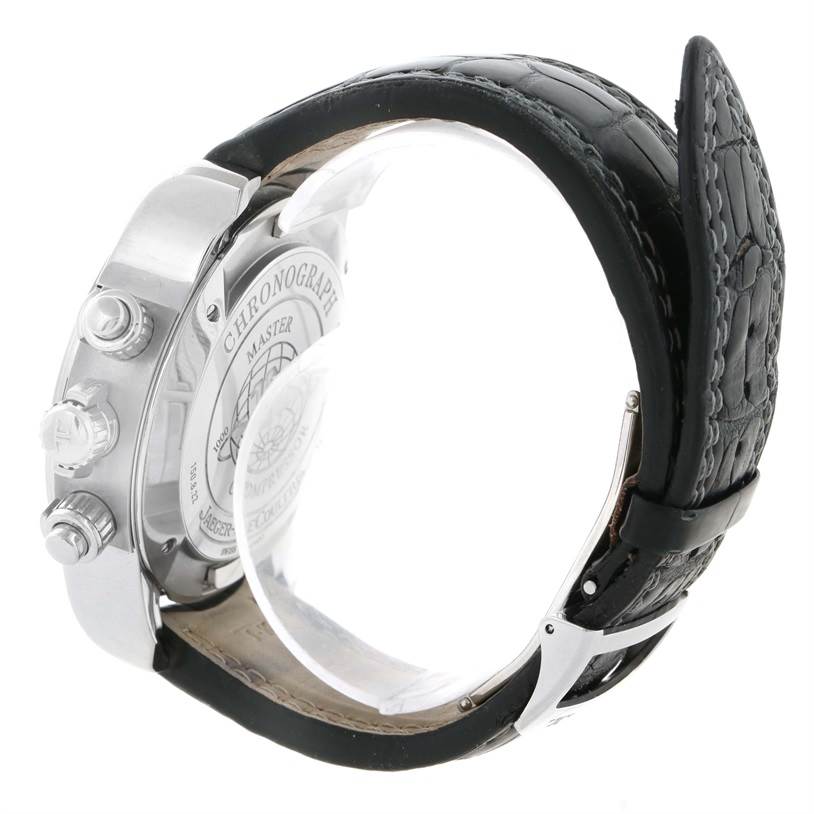 This image shows the side and back view of a Jaeger-LeCoultre Master model watch, highlighting its chronograph buttons, case back, and strap.