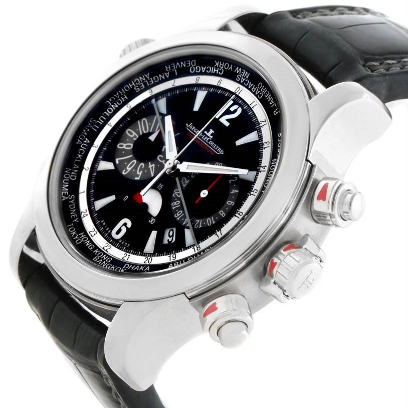 The angle shows a close-up of the Jaeger-LeCoultre Master watch, highlighting its dial, crown, pushers, and part of the leather strap.