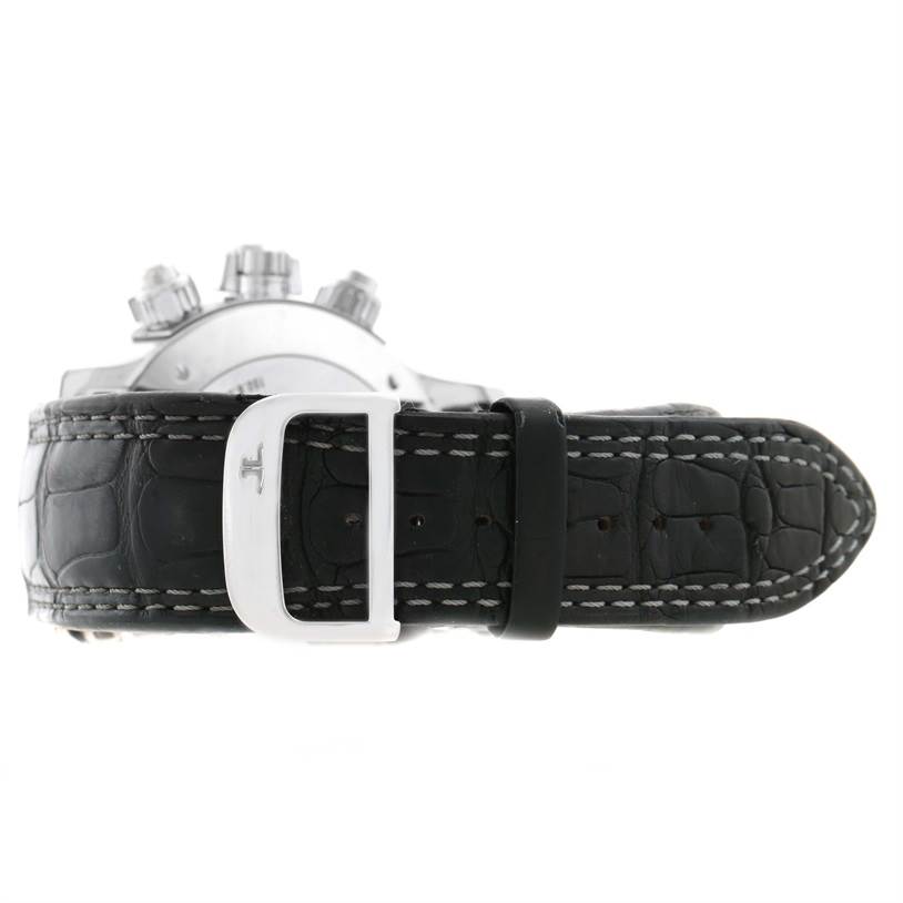This side view of the Jaeger-LeCoultre Master model watch displays its black leather strap and silver buckle prominently.
