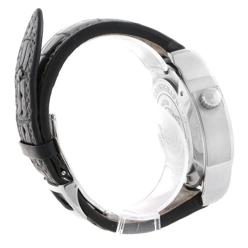 The image shows a side view of the Jaeger LeCoultre Master Q1768470 Men's Stainless Steel Black Dial Q1768470 Men's Stainless Steel Black Dial model watch, highlighting the crown and part of the strap.