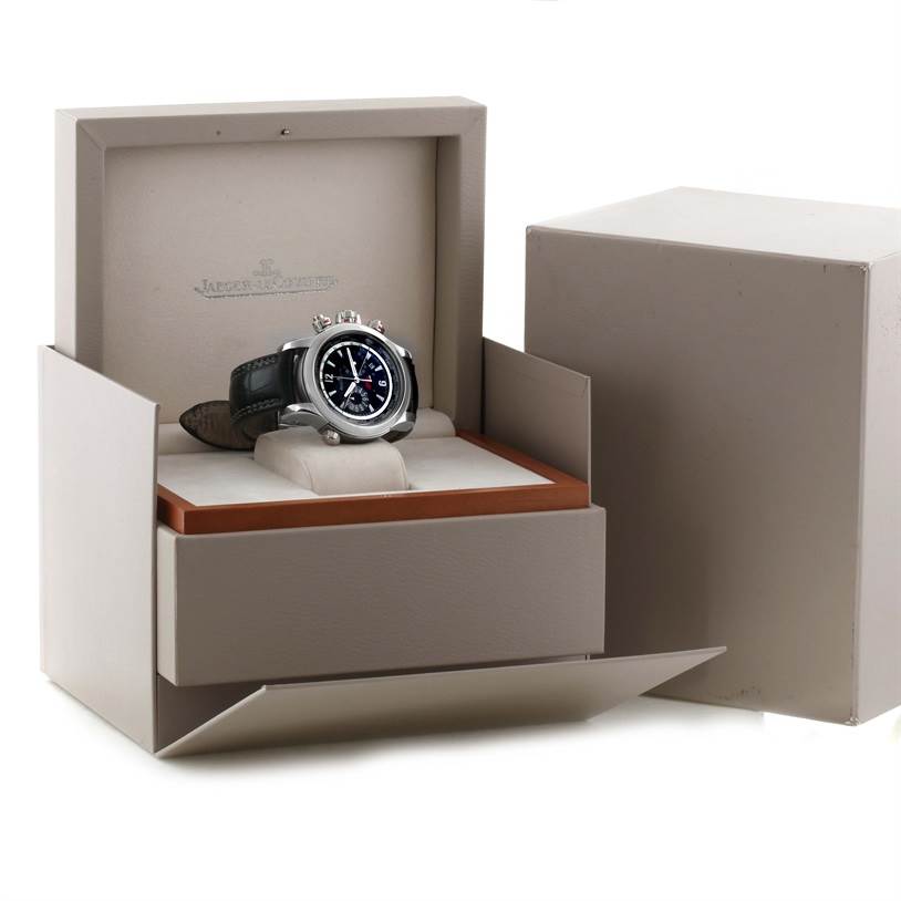 The Jaeger-LeCoultre Master model watch is shown in its open display box, with the face and leather strap clearly visible.