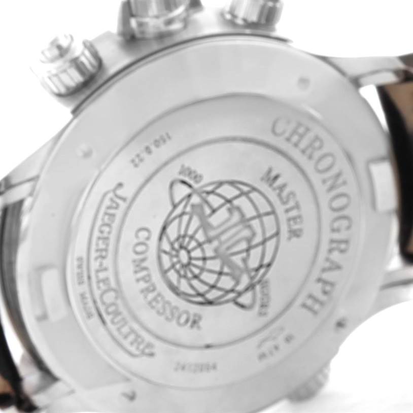The image shows the case back and crown of the Jaeger-LeCoultre Master Compressor Chronograph watch.