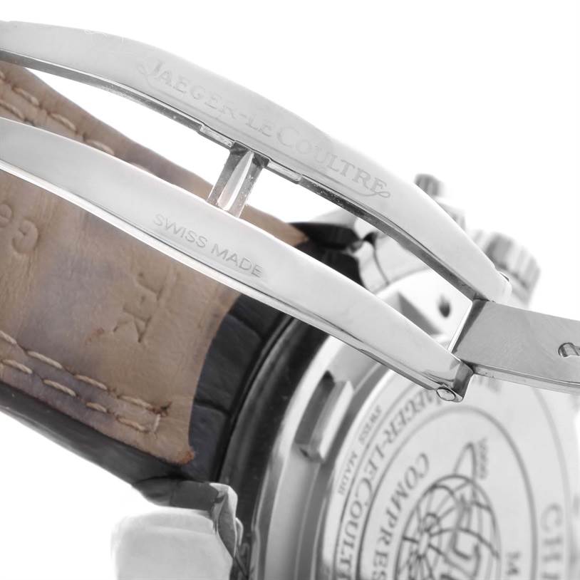 The image shows the clasp, strap, and partially the back case of the Jaeger LeCoultre Master Q1768470 Men's Stainless Steel Black Dial Q1768470 Men's Stainless Steel Black Dial model watch.