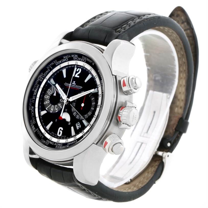 This image shows a close-up side angle of the Jaeger LeCoultre Master Q1768470 Men's Stainless Steel Black Dial Q1768470 Men's Stainless Steel Black Dial model wristwatch, displaying its crown, buttons, and leather strap.