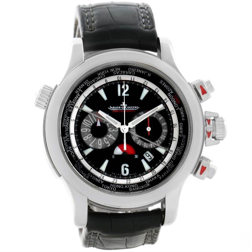 The Jaeger LeCoultre Master Q1768470 Men's Stainless Steel Black Dial Q1768470 Men's Stainless Steel Black Dial model watch is shown from a front angle, displaying its dial, bezel, and leather strap.