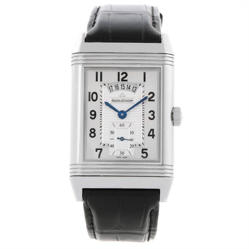 The image shows a front view of a Jaeger LeCoultre Reverso Q3748420 Men
s Stainless Steel Silver Dial Q3748420 Men
s Stainless Steel Silver Dial watch, displaying its rectangular dial, case, and black leather strap.