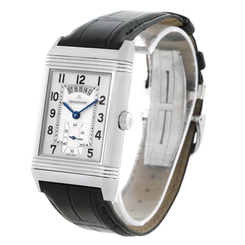 The Reverso model by Jaeger-LeCoultre is shown at a slight angle, displaying the face, crown, and leather strap.