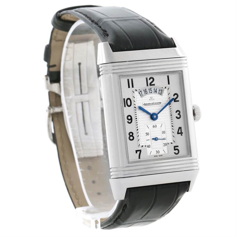 The Jaeger LeCoultre Reverso Q3748420 Men
s Stainless Steel Silver Dial Q3748420 Men
s Stainless Steel Silver Dial watch is shown at a three-quarter angle, displaying its rectangular dial, leather strap, and crown.