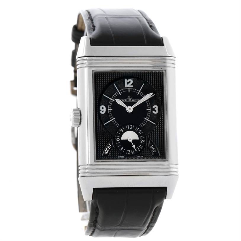 This image shows the face and strap of a Jaeger LeCoultre Reverso Q3748420 Men
s Stainless Steel Silver Dial Q3748420 Men
s Stainless Steel Silver Dial watch, captured from the front angle.