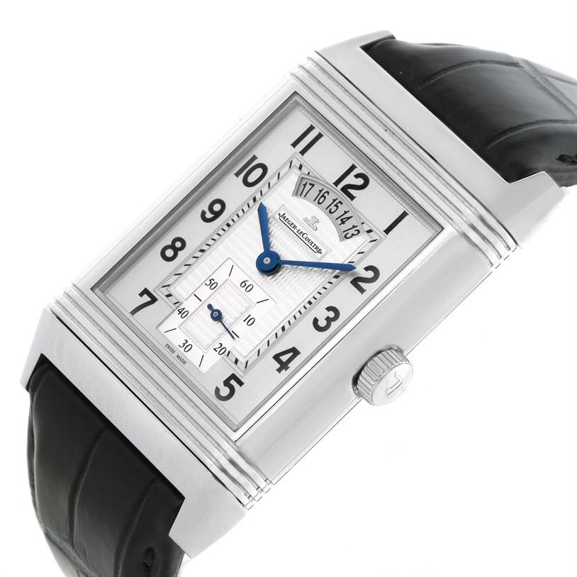 This image shows a side angle of the Jaeger LeCoultre Reverso Q3748420 Men
s Stainless Steel Silver Dial Q3748420 Men
s Stainless Steel Silver Dial, highlighting the face, crown, and part of the black leather strap.