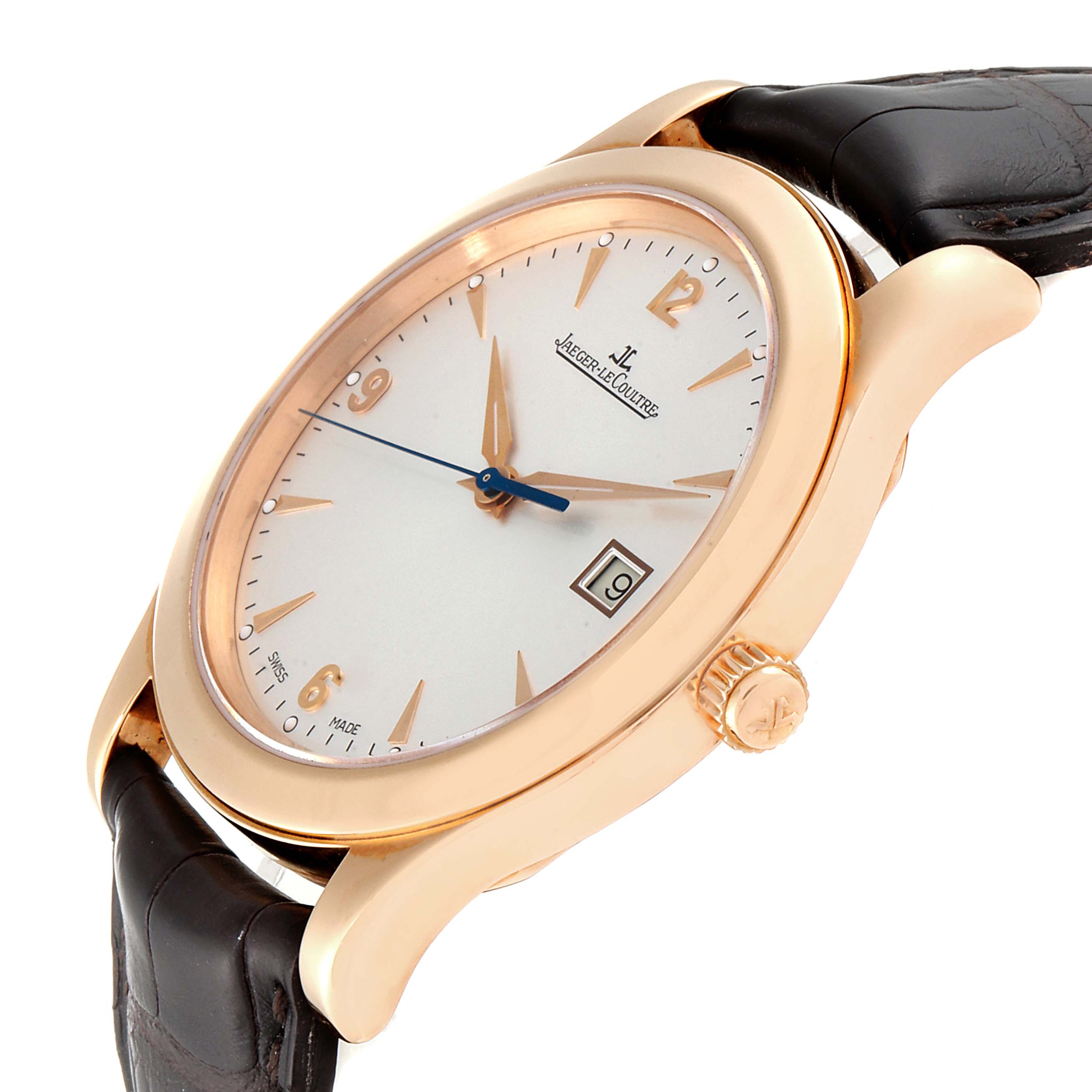 This image shows a Jaeger LeCoultre Master 147.2.37.S Men's Rose Gold Silver Dial 147.2.37.S Men's Rose Gold Silver Dial model watch at an angle that highlights the watch face, crown, and leather strap.