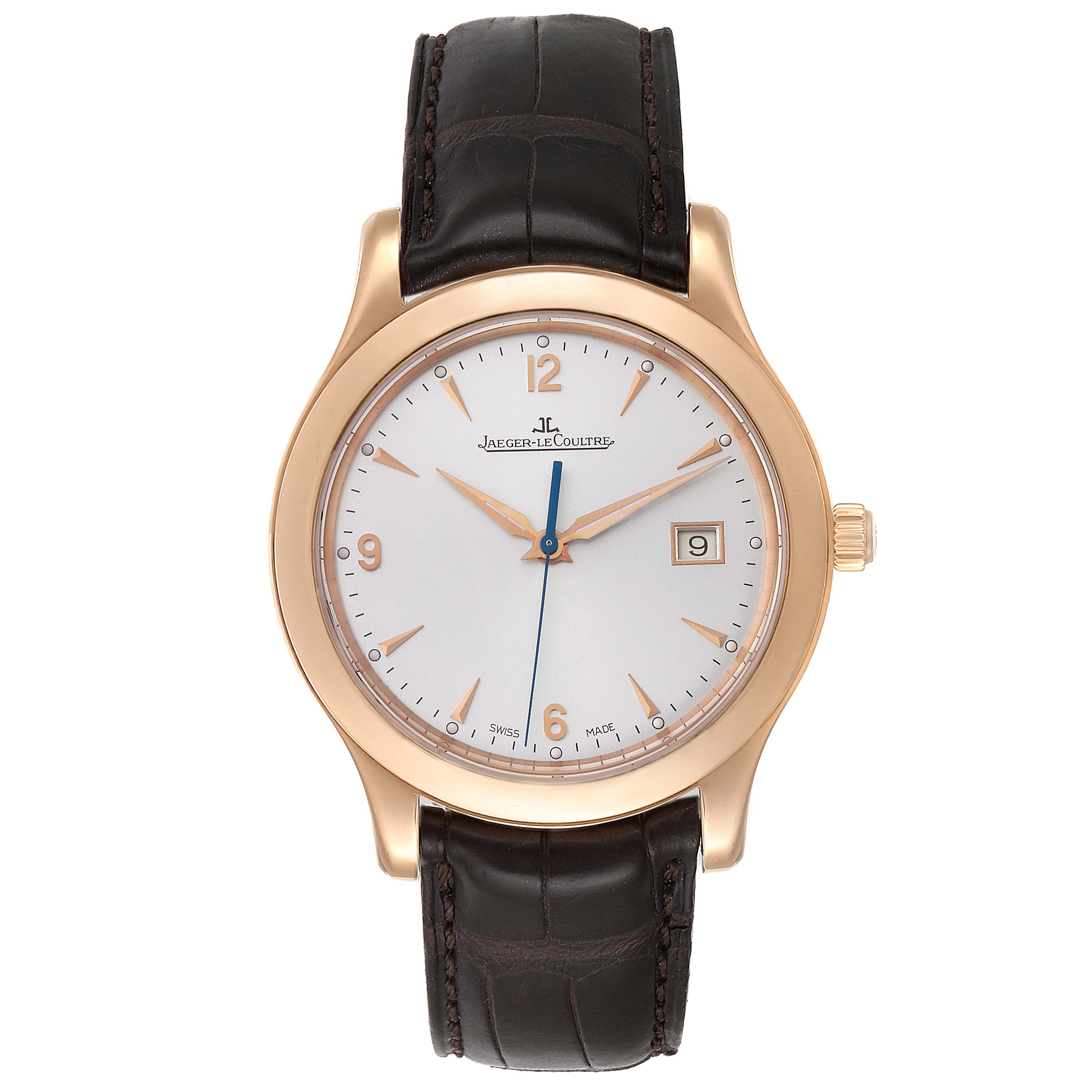 The image shows a front view of the Jaeger LeCoultre Master 147.2.37.S Men's Rose Gold Silver Dial 147.2.37.S Men's Rose Gold Silver Dial model watch with a leather strap and a date display.