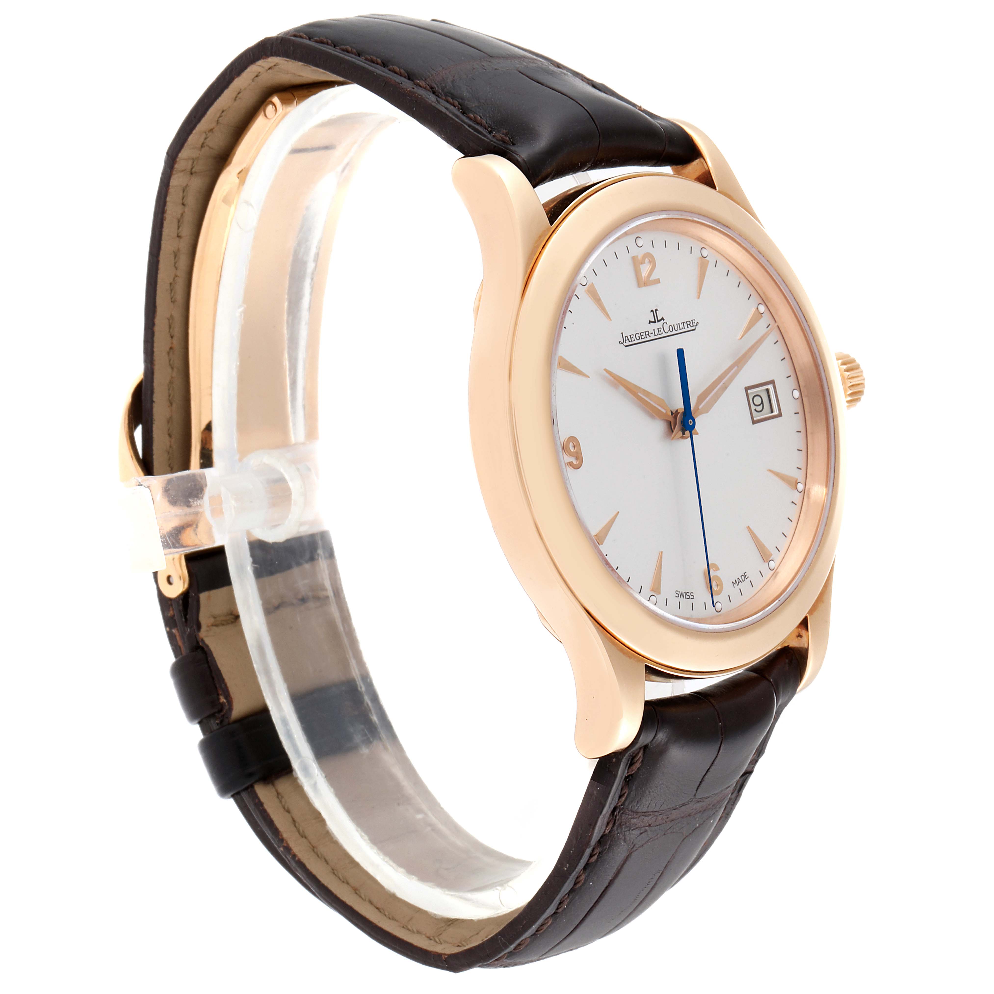 The watch, a Master model by Jaeger LeCoultre, is shown at a three-quarter angle, highlighting the dial, case, crown, and part of the leather strap.