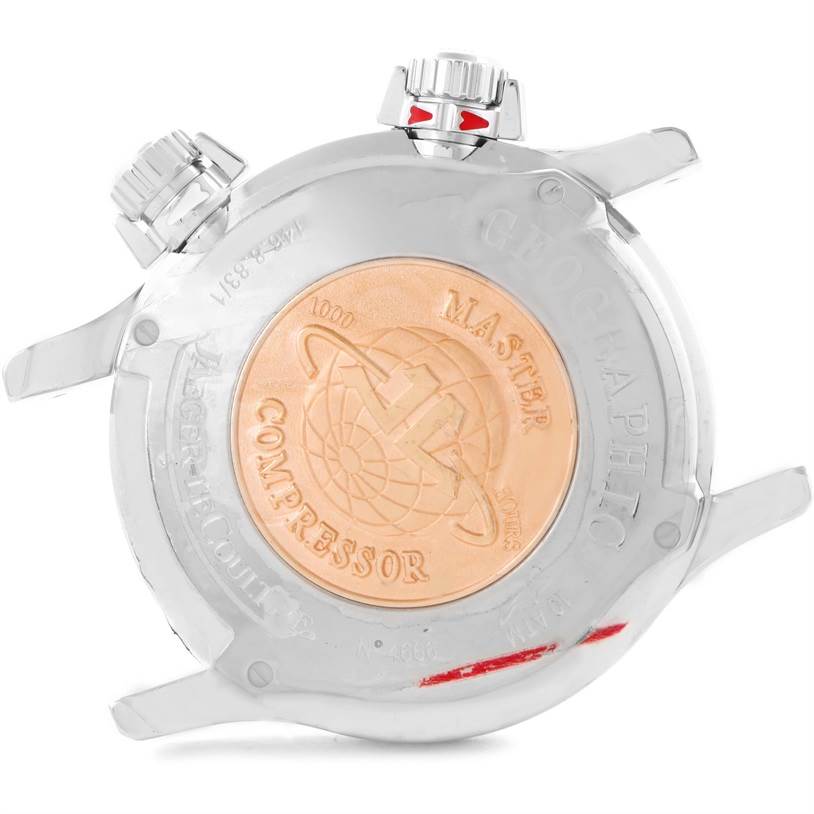 The image shows the back and crown of the Jaeger-LeCoultre Master Compressor watch.