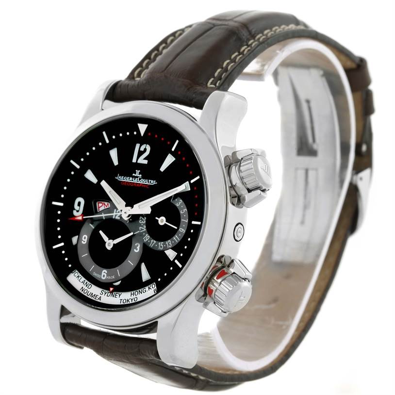 The image shows a Jaeger-LeCoultre Master model watch from a front-left angle, highlighting the dial, case, crown, and leather strap.